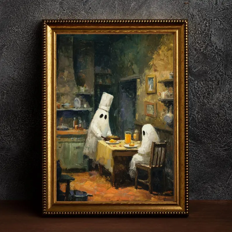 Ghost Cooking Date Artwork - 1-Piece Multi-Size Paper Print, Halloween Wall Decor, Romantic Home Display Posters & Prints, One Piece