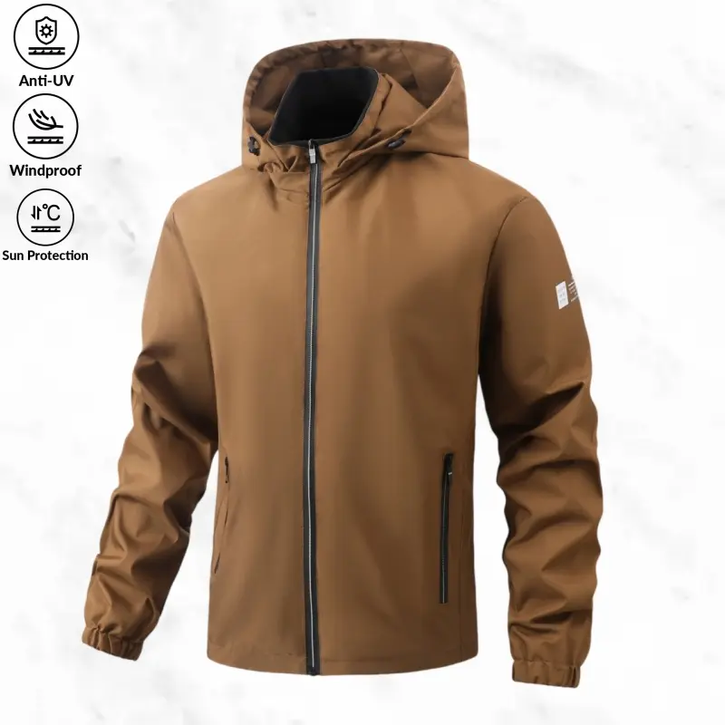 Men’s hooded casual jacket with UV protection and an adjustable hood design, suitable for everyday commuting, outdoor hiking, and short trips; ideal for young men in spring, summer, and autumn.