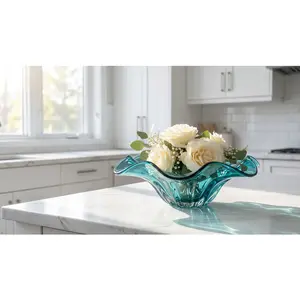 Sea Blue Fruit Bowl Hand-Blown Glass Tableware with Rippled Edges and Organic Curves for Coastal-Themed Spaces