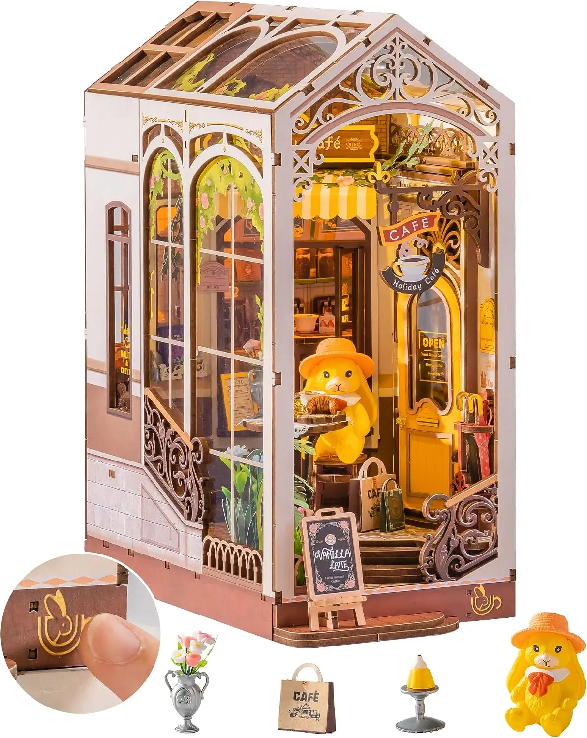 Roife  DIY Book Nook Kit Holiday Café, 3D Wooden Puzzle Miniature Coffee Shop with LED Light, Creative Bookshelf Decor Diorama Kit for Adults, Unique Gift Idea