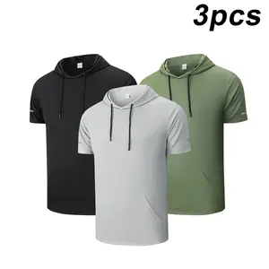 Men's Hooded Short Sleeve T-Shirts Set Breathable Comfortable Fabric Casual Pocket Design Solid Color Stylish Sports Leisure Wear for Summer Activities Top Menswear