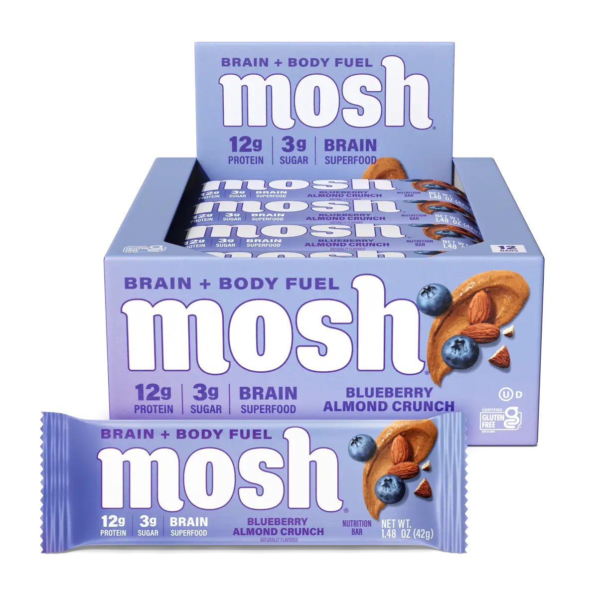 MOSH Blueberry Almond Crunch Protein Bar, Supports Brain Health, 6+ Brain Ingredients, 30g, 12 Pack