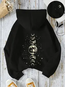 Women's Moon Print Hoodie, Soft Oversized Streetwear Sweatshirt with Kangaroo Pocket, an Everyday Essential for Fall and Winter