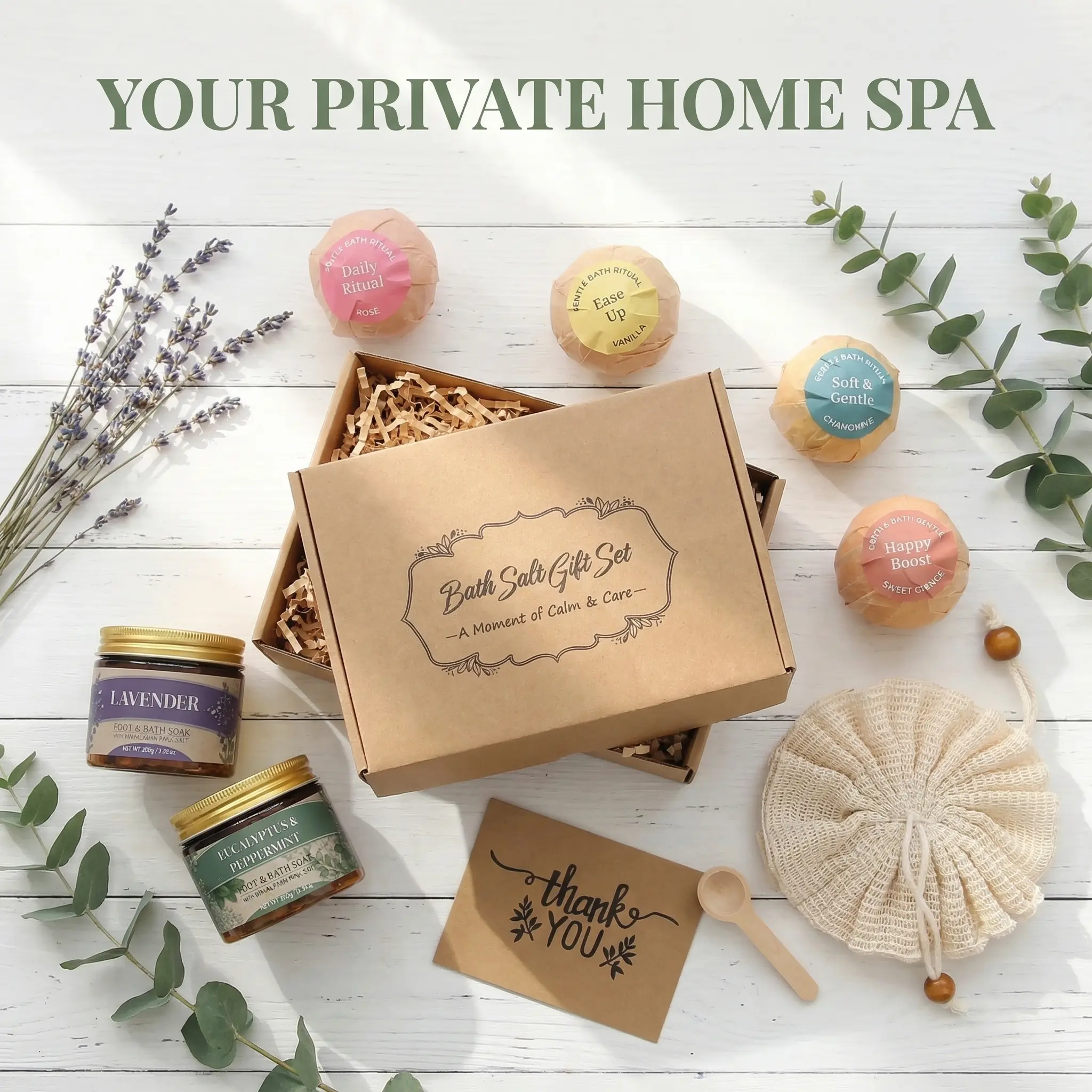 Bath Salt and Bath Bomb Gift Set for Women, Lavender & Eucalyptus Peppermint Bath Soak with 4 Fizzy Bath Bombs, Self Care Spa Gift Basket for Birthday, Mother's Day, Christmas