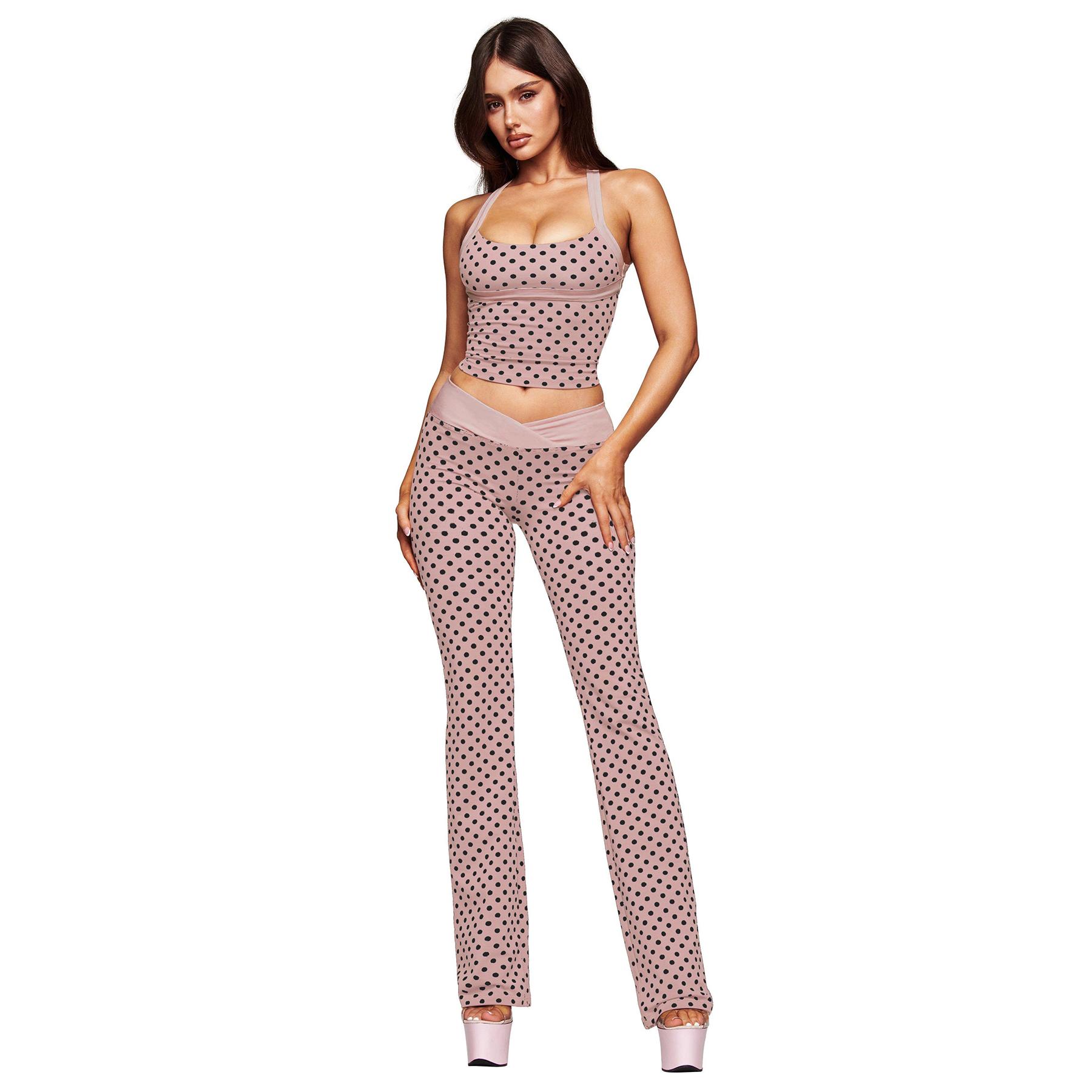 NVWA Matching Sets Women Polka Dot Halter Crop Top and Flare Pants 2 Piece Outfits Backless Criss Cross Bodycon Slim Fit Going Out Set High Waist Bell Bottom Trousers Y2K Party Club Wear Casual Outfit tiktokshopbacktoschool, Spandex, Lady