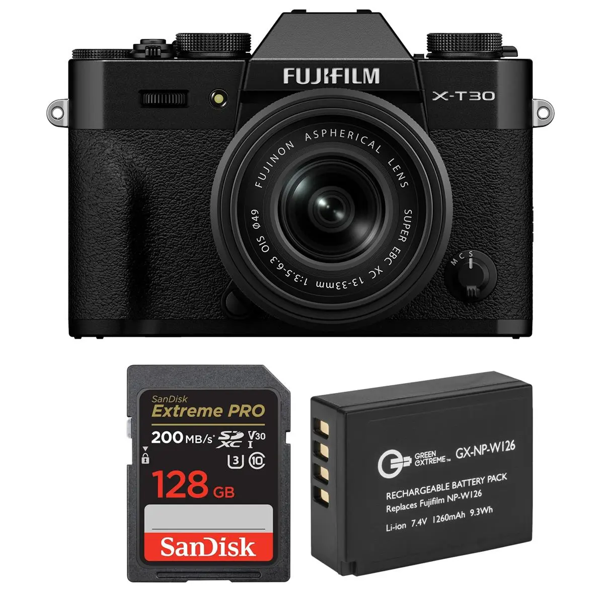 Fujifilm X-T30 III Compact Mirrorless Camera Bundle - Black Body with XC 13-33mm Lens, Flash, Extra Battery, and 128GB Memory Card