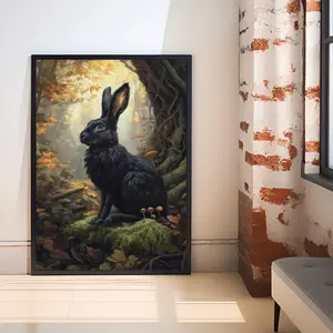 Black Hare Cottagecore Print Dark Academia Art Print Mystical Woodland Wall Art Vintage Nature Poster for Living Room Bedroom or Gallery, Unframe