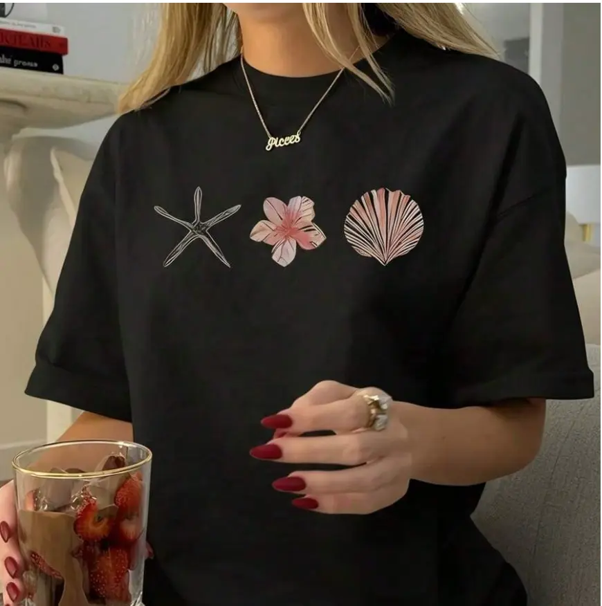 Women's Casual Oversized Graphic T-Shirt, Soft Lightweight 100% Cotton Fabric, Minimalist Tee for Tropical Island Wear, Floral, Baggy, Loose, Round Neck, Gradient, Striped, Thin, Leggings
