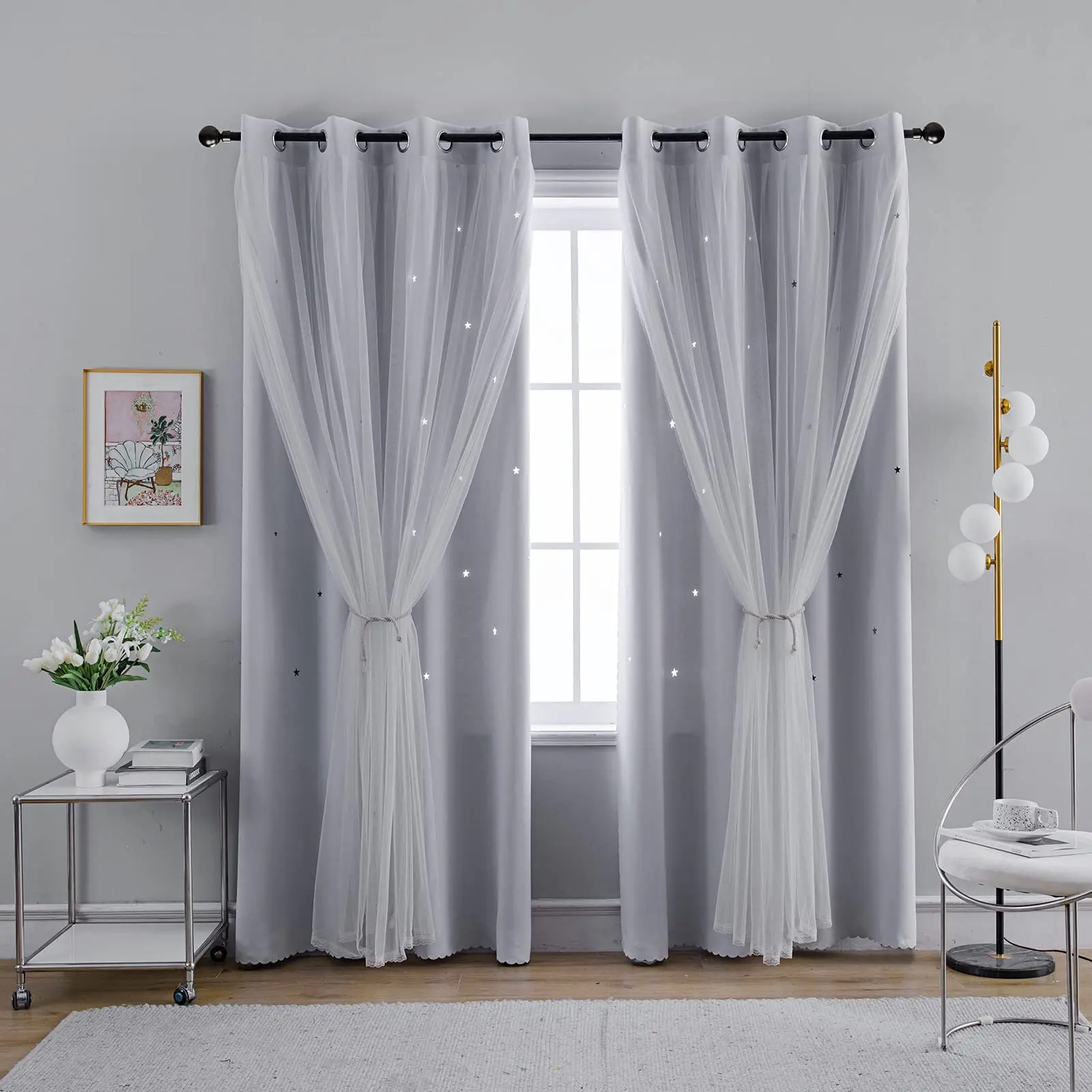 Polyester Lace Star Cutout Curtain, Blackout Drapes for Bedroom, Holiday Style, Cute Princess Look, Transparent Double Layer Design, Privacy Grommet Curtains