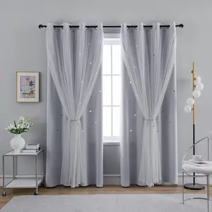 Polyester Lace Star Cutout Curtain, Blackout Drapes for Bedroom, Holiday Style, Cute Princess Look, Transparent Double Layer Design
