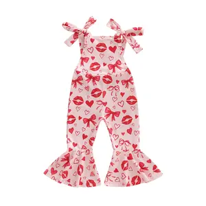 Toddler Girls Valentines Day Suspender Jumpsuit Baby Heart Lips Print Adjustable Bow Straps Flared Bell Bottoms Romper Overalls Outfit