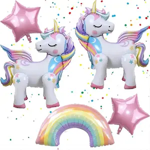 5 Pcs Self Standing 3D Unicorn Rainbow and Star Foil Balloons for Birthday Party Decorations and Supplies