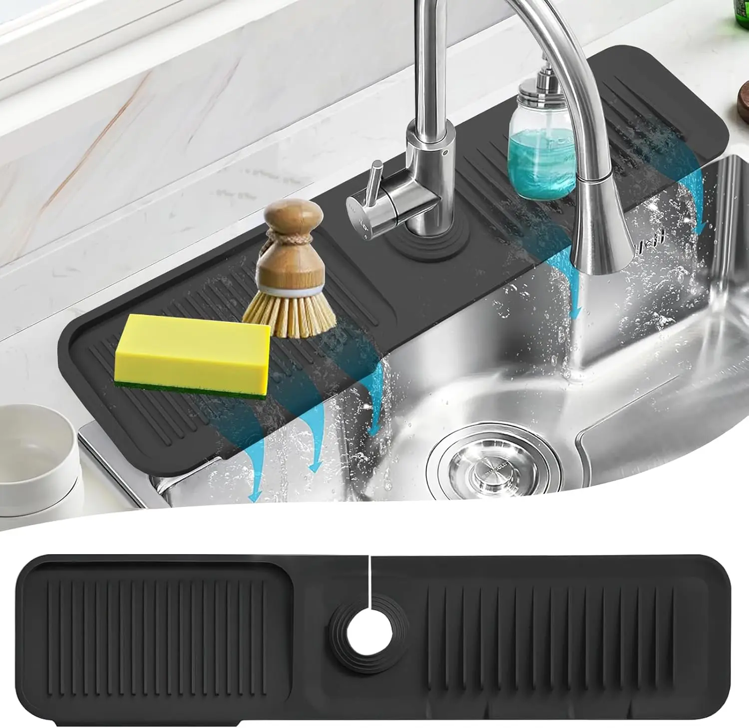 24 Inch Longer Faucet Mat for Kitchen Sink [5°Slope Fast Self-draining]Bathroom Kitchen Sink Splash Guard Silicone Sink Faucet Mat Splash Guard Kitchen Sink Area Tidy Splash Faucet Guard Draining Mat House