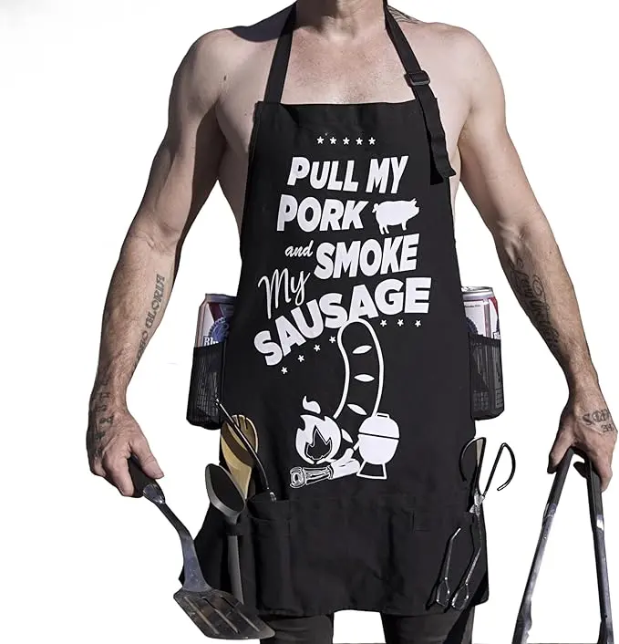 PULL MY PORK - Dirty Funny Trashy Sexy BBQ Apron - 100% Canvas - 5 Pockets - 4 Tool Loops - 2 BEER HOLDERS