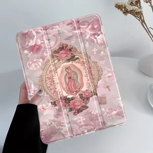 Protective Tablet Case with Beautiful Unique Virgin Mary Pattern, 4-Corner Shockproof, Pen Slot, Foldable Design - Tablet Accessories Covers for iPad Mini/Air/Pro 4-7 (2017-2025 Models), Samsung S6-S10FE + A7 LTE Pencil Compatible girl kid