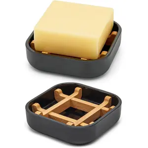 Bamboo Soap Dishes for Bar Soap Holders for Shower for Bathroom Sink Bulk Small Wooden Soap Tray Jabonera Pretty Neat Ventilated Soap Dish Disj Disk, Detachable (Single Rounded Black)