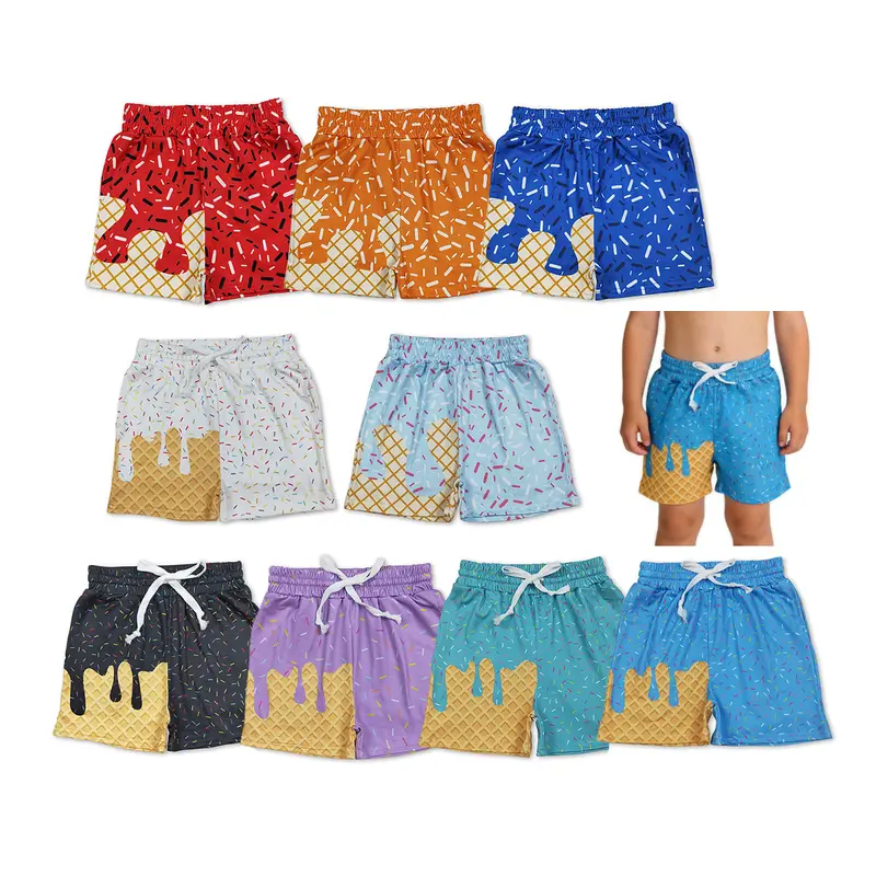 Boys' Casual Comfy Blue Waffle Ice Cream Milk Silk All-Over Print Shorts - Mid Waist, Above the Knee, 4-9 Years, 4T, Summer Kids' Fashion Bottoms, Back to School