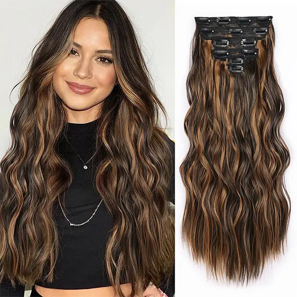 Synthetic Hair Extensions in Clips Long Wavy 6PCS Thick Hairpieces Highlight Fiber Double Weft Natural Hair Extensions 24 Inch for Women