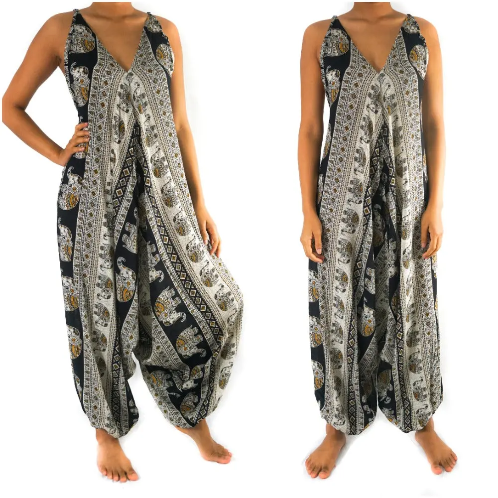 Women's Black Sleeveless Festival Print Bohemian Overalls - Breathable, Adjustable, Baggy Harem Jumpsuit, 70s Ethnic Garment for Beach, Festival Wear, Festival Print Overalls
