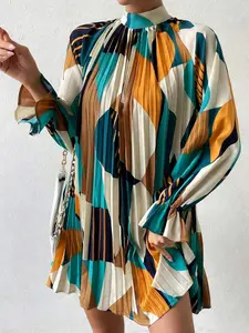 Women's Geometric Print Pleated Flowy A Line Dress, Summer Clothes Women, Casual Loose Flare Sleeve Stand Collar Dress for Vacation Party, Ladies Summer Clothes, Women's Clothing, Womenswear, Daily Outfits, Vintage Print Mini Dress