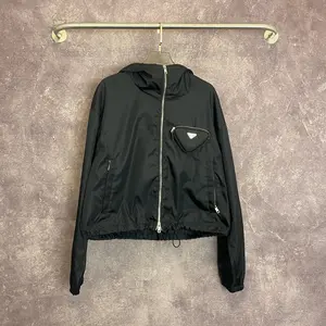 Pre-owned Prada Black Re Nylon Cropped Hooded Jacket | Triangle Logo