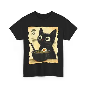Funny Cat Ramen T-shirt All Sizes, Anime Unisex Graphic Printed Cotton Tee Casual Top For Anime Lover, Classic Streetwear Outfits