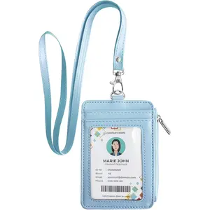 2-in-1 ID Badge Holder & Lanyard Wallet, Credit Card Holders with Breakaway  Lanyard, Leather ID Name Badge 5 Card Slots Zipper Purses for Offices, School, Driver Licence,  Blue