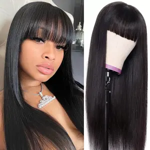 Human Hair Wigs with Bangs Straight Bang Wigs for Black Women Human Hair 150% Density Brazilian Glueless None Lace Front Wig Human Hair Natural Color