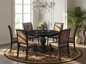 Luxe by East West Furniture - F2CY7-411-33 - 7-piece Dining Room Table Set consists of a Dining Table and 6 Brown Polyester Fabric Dining Chairs with High Back - Sand Blasting Black Finish