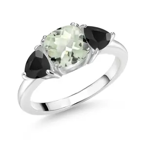 Gem Stone King 925 Sterling Silver Gemstone Birthstone and Black Onyx 3-Stone Engagement Ring for Women | 7MM Cushion and 5MM Trillion Accents | Three Stone Promise Anniversary Wedding Ring | Sizes 5-9