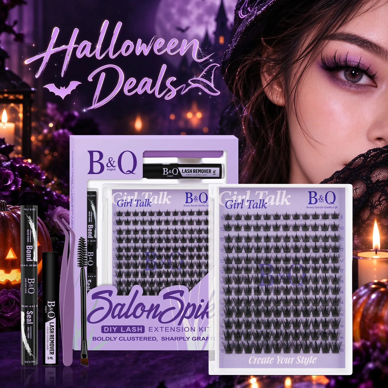 Girl Talk Kit l B&Q 3D Pre-Spike Design Wispy Eyelash Clusters,DIY Anime Manga Individual Lash Extension,Multi-Layered Like Salon Effect,D Curl,BASF Lashes for Comfortable Wear,Bond&Seal,No Latex Cosmetic Makeup #Familyfun #Halloween
