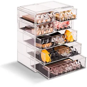 Medium Clear Diamond Makeup Organizer - (3 large / 4 small drawers) Boxes Plastic