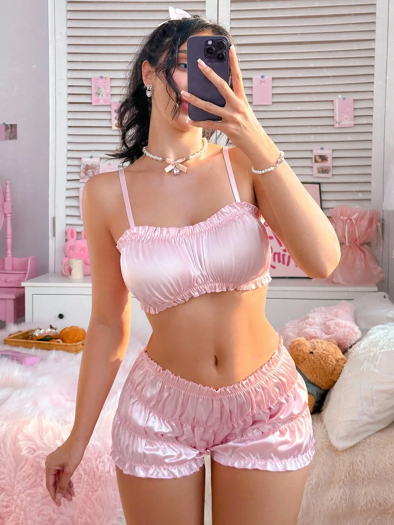 LUSHLACE Lace Lingerie Set Adjustable Strap Satin Sleep Set