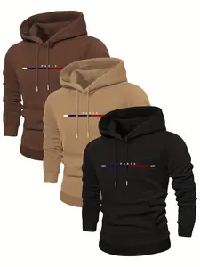 3-piece set men's regular fit long-sleeve hooded sports shirt with personalized letter pattern print, kangaroo pocket design on the sleeve and hood, suitable for spring and autumn seasons, ideal for outdoor activities, street style casual wear, running an