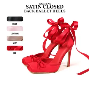 CYNLLIO Womens Satin Ballet Heels Closed-Back Pumps Bownot Ribbon Closed Square Toe Elegant Lace Up Ballerina Stiletto Heel Ankle Strappy Mary Janes Slip On Comfy Wedding Party Casual Work Dating Fashionable Spring Heel Shoes