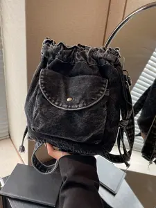 Niche retro denim drawstring shoulder bag, simple casual fashionable crossbody mobile phone bag, Crossbody Purses, distressed small pocket practical trendy design, daily versatile bag, Denim Shoulder Satchel, suitable for students, shopping, dating, etc.