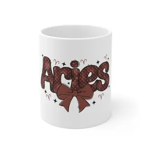 Aries Zodiac Mug, Cute Astrology Gift for Aries, 11oz Personalised Coffee Cup, Birthday Gift for Zodiac Lovers, Star Sign Mug Ceramic Drinkware Stylish Tumbler Reusable Washable Reuse White