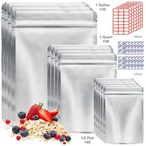 100 Mylar Food Storage Bags w/O2 Absorbers+ 144 Labels | Stand-Up Zipper for Long-Term Storage & Preppers Aluminum Containers Kitchen Utensils