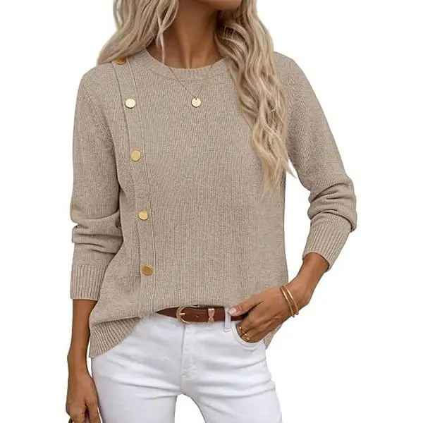 MEROKEETY Women's Fall Long Sleeve Button Casual Pullover Sweater | Crew Neck, Ribbed Knit, Decorative Gold Buttons, Relaxed Fit, Solid Color, Business Casual, Work, 2026 Winter Outfits