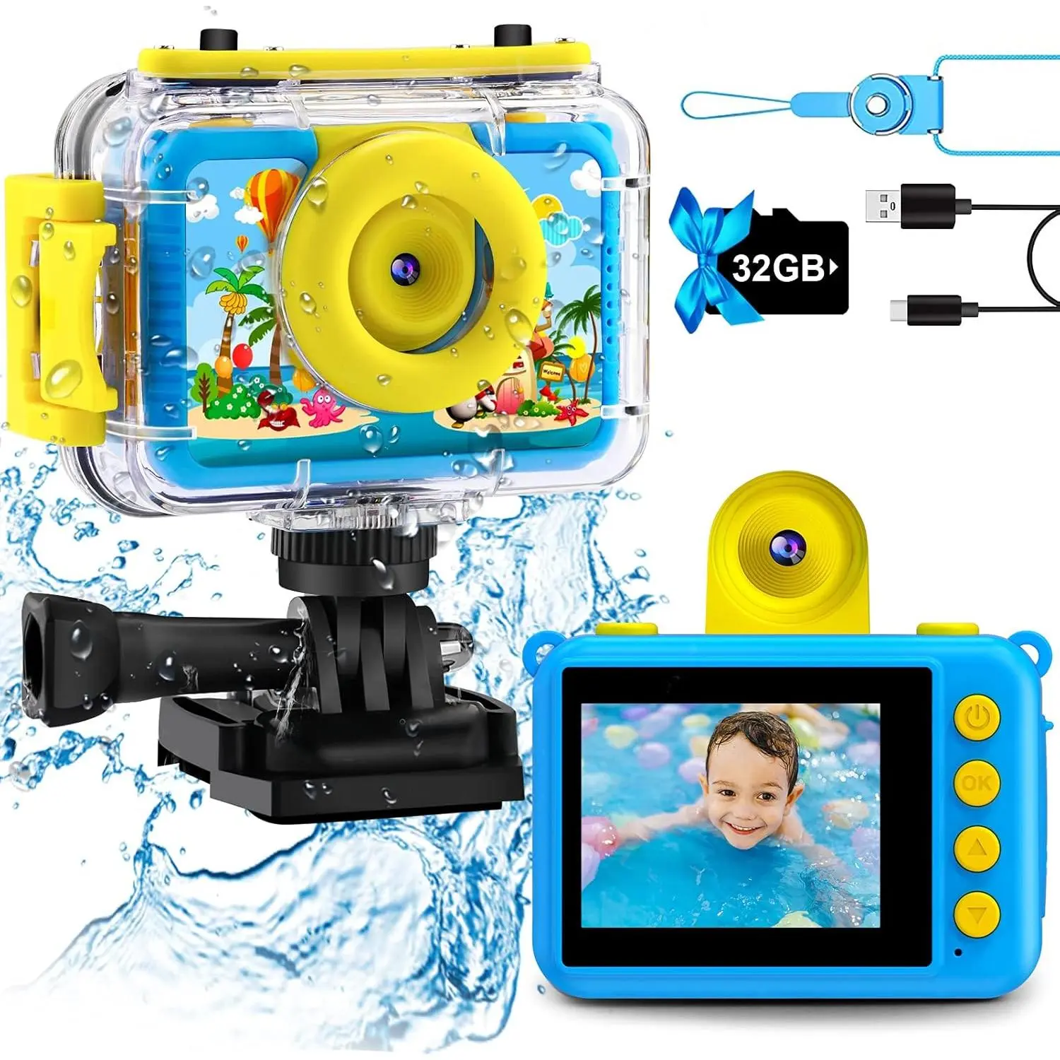 Pool  &  Underwater Camera 99FT   Action Camera 1080P Video&20MP Photo with Flip Lens, Includes 32GB Card for Diving Swimming Beach Snorkeling.Birthday  for Boys -