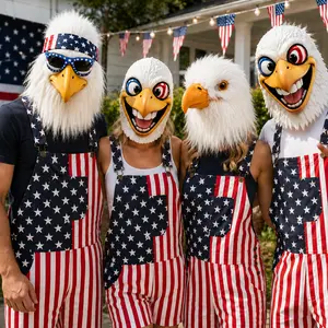 Funny Latex Bald Eagle Mask and American Flag Overalls Shorts Set Unisex Patriotic 4th of July Independence Day Costume Red White Blue Romper Animal Head Summer Festival Party Outfit