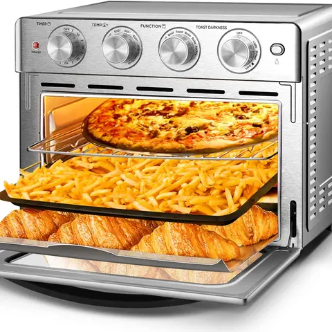 1700W Stainless Steel Multifunction Countertop Oven - Household Appliances, 6-Slice Toast Capacity, 26QT/26L Extra Large, 7 Modes, Corded Knob-Controlled, Warm Function, 3-Rack Multitask, 120V-60Hz, Includes Baking Pan & Drip Tray for Oil-Free Family Use
