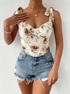 Women's Lace Up Floral Corset Top Square Neck Tie Strap Crop Tank Y2K Going Out Bustier Cami Sleeveless Slim Fit Bodycon Ruched Boned Waist Shaping Summer Cottagecore Boho Cute Date Night Club Party Streetwear Outfit Top