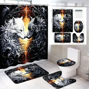 1/4pcs Gothic Wolf Themed Bathroom Set – Elegant Shower Curtain Sets & Coordinating Mats with Fiery Scroll Design – Dramatic Dual Wolf Artwork in Black & White – Perfect for Spooky Decor & Halloween Vibes in Modern Bathroom
