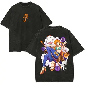 AnimeVibe - A Nami1 & Zeus weather witch pattern T-shirt, featuring a retro washed design. This oversized short-sleeved crew-neck streetwear T-shirt is suitable for both men and women. It's a casual anime streetwear item from Japan.