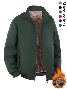 Men's Solid Color Zip Up Thermal Lined Fleece Jacket Coats, Regular Fit Casual Long Sleeve Zip Front Outerwear for Fall & Winter, Men's Clothes for Daily Wear