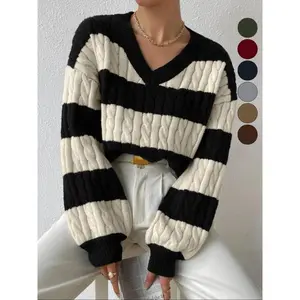 Women’s knitted color-block striped V-neck sweater, autumn and winter casual long-sleeve off-shoulder camisole pullover, Korean clothing