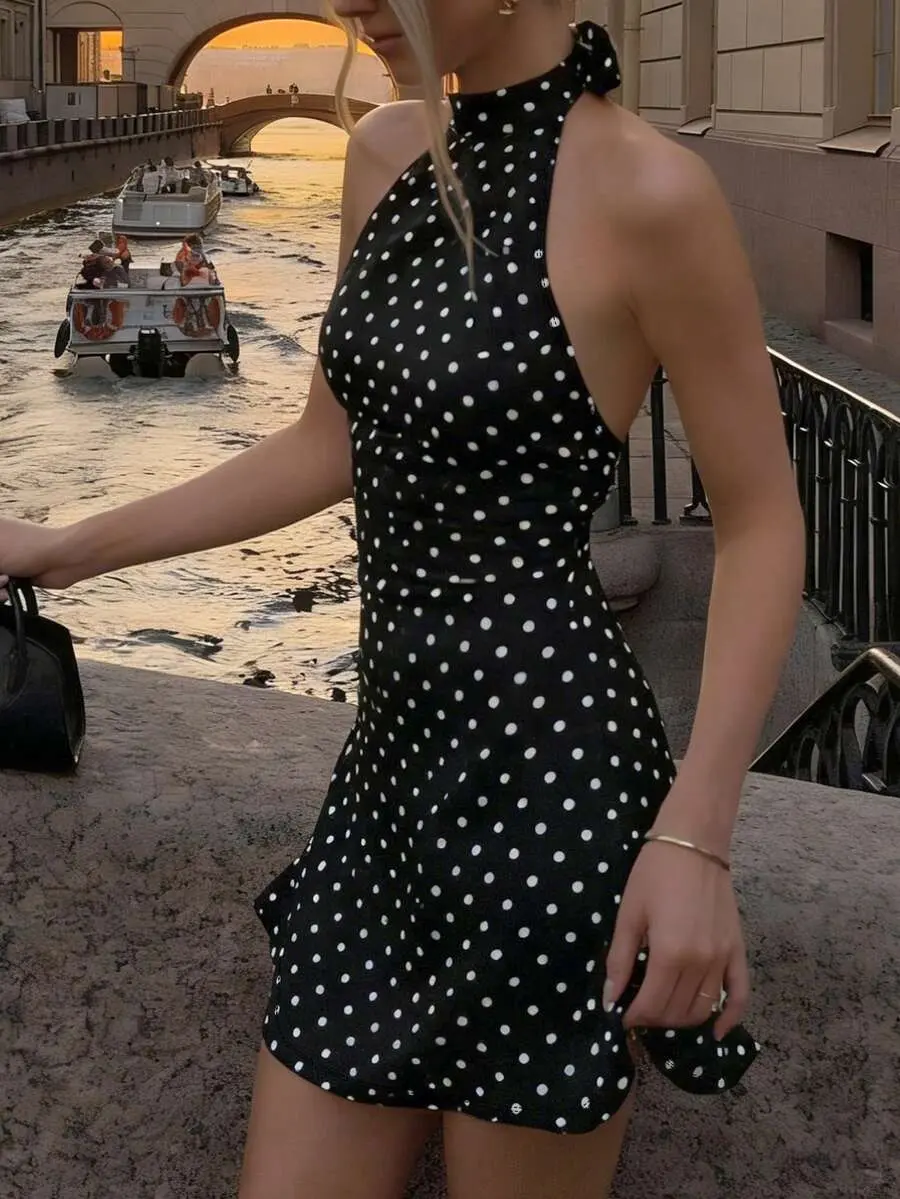 AMBER 2026 Summer Versatile Short Dress, Suitable For Casual, Commute Street Style All-Over Printed Elegant Party Polka Dot