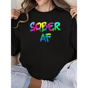 Funny Sobriety Gift Sweatshirt Long Sleeve Crew Neck 12 Step Program Sober AF Print Women's Fashion Sweatshirt for Holidays Womenswear Hoodie Tops Pullover