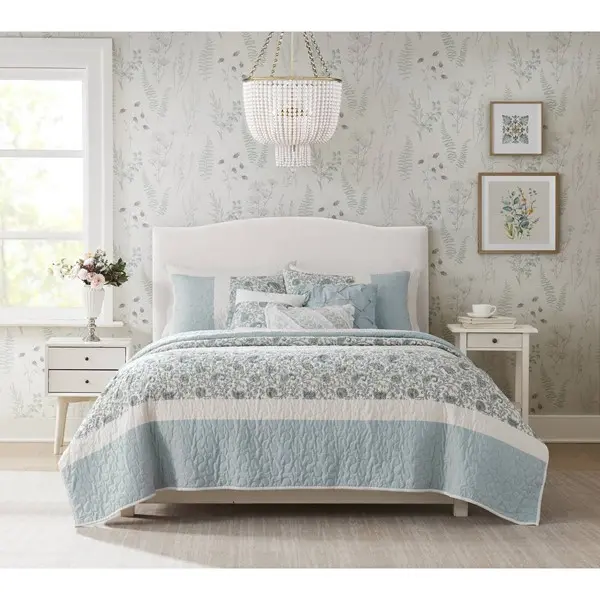 Madison Park Cotton Quilt Set Floral Print, Double Sided Stitching, All Season, Lightweight Coverlet Shabby Chic Bedding Layer, Matching Shams, 6 Piece